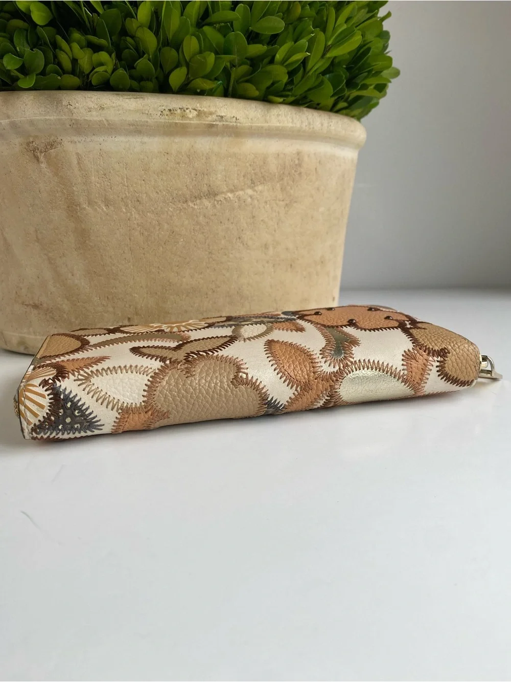 Coach Studded Floral Swagger Floral  Zip Wallet in Cream and Tan